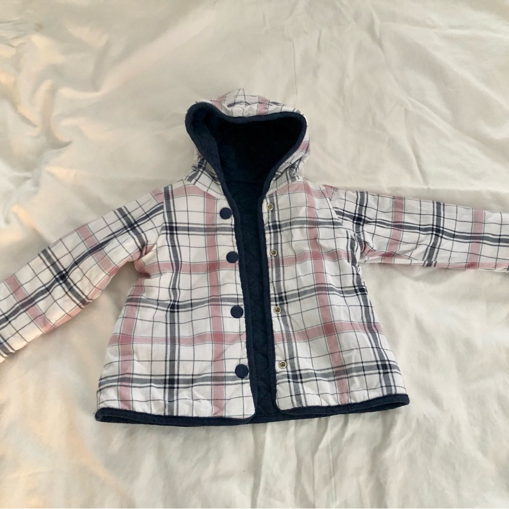 Reversible Light Pink & Navy Plaid Quilted Toddler Jacket with Button Closure